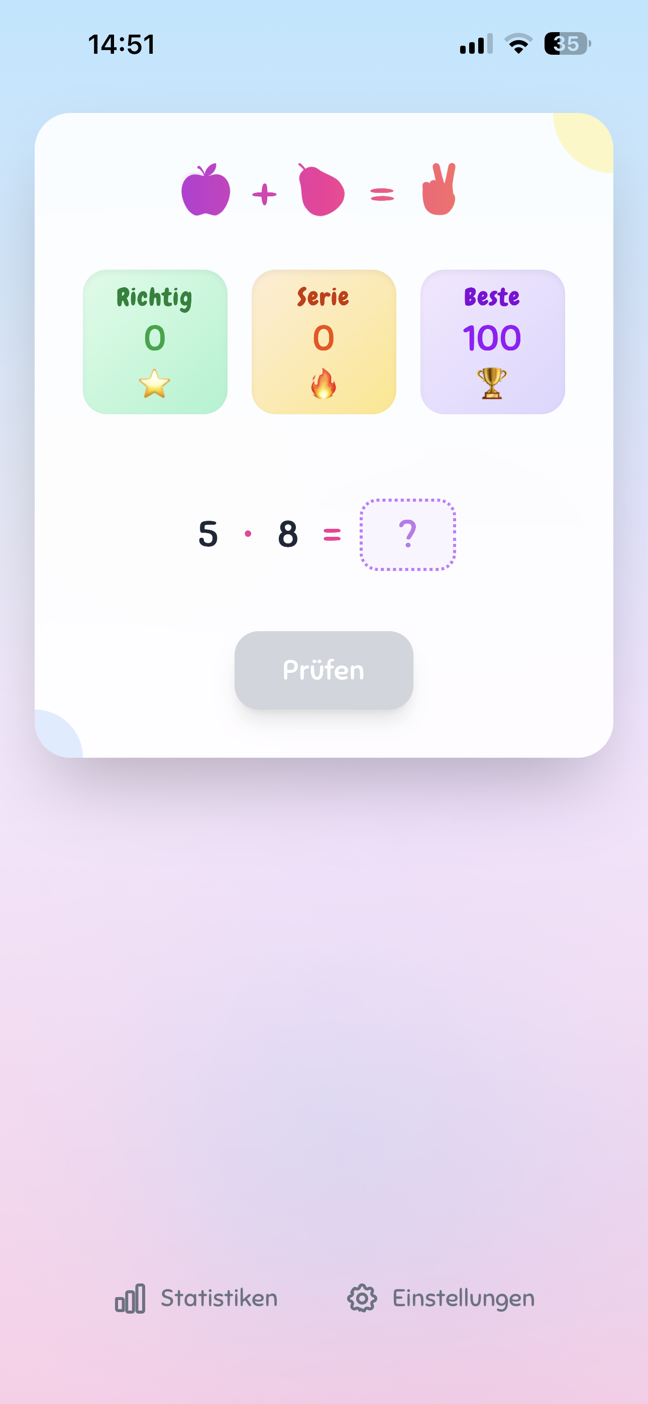 Mathe-Spiel: Spielfeld mit einer Multiplikationsaufgabe (5 · 8 = ?) und den Fortschrittskacheln Richtig, Serie und Beste.