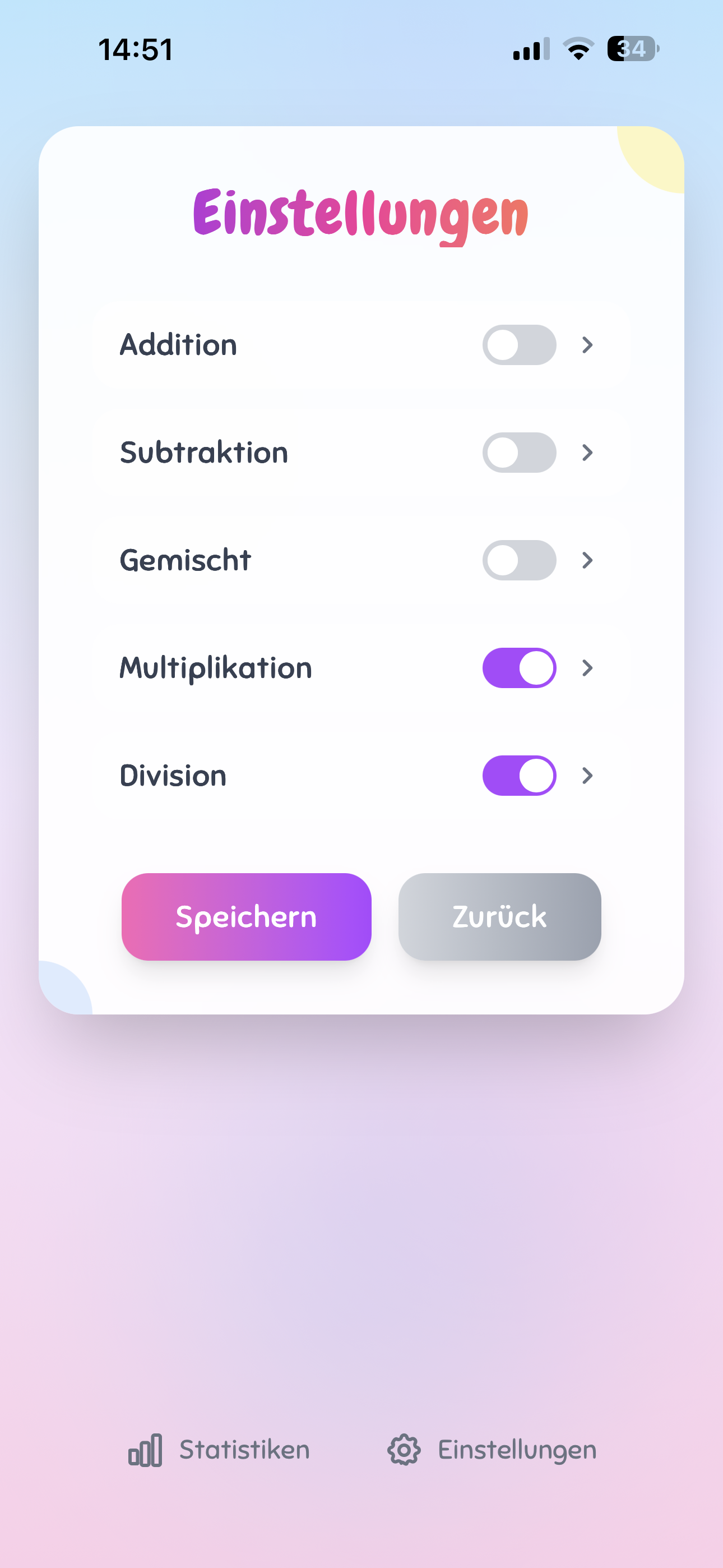 Einstellungen: die Rechenarten Addition, Subtraktion, Gemischt, Multiplikation und Division lassen sich einzeln zuschalten.
