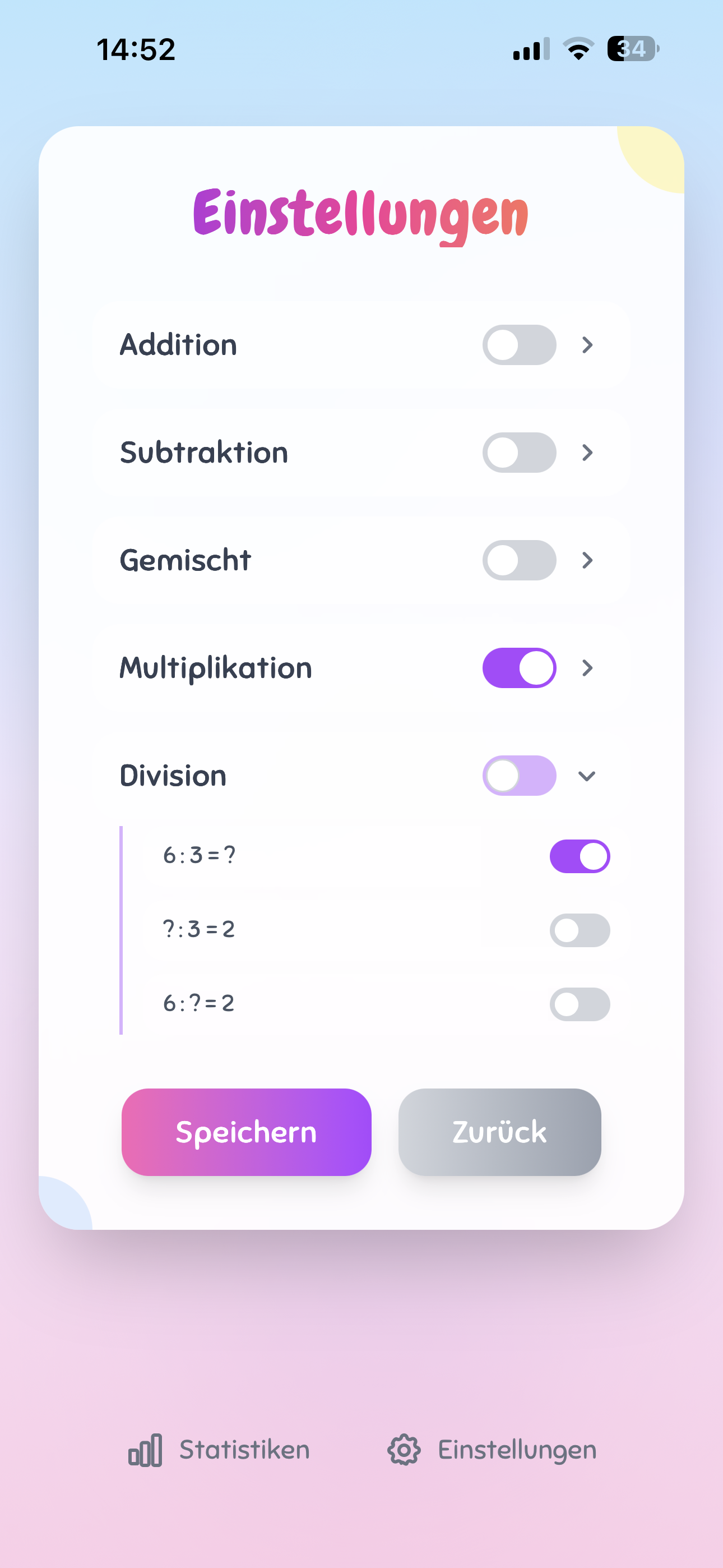 Einstellungen: bei jeder Rechenart lassen sich mehrere Varianten feingranular einstellen — zum Beispiel bei der Division: „6 : 3 = ?", „? : 3 = 2" und „6 : ? = 2".