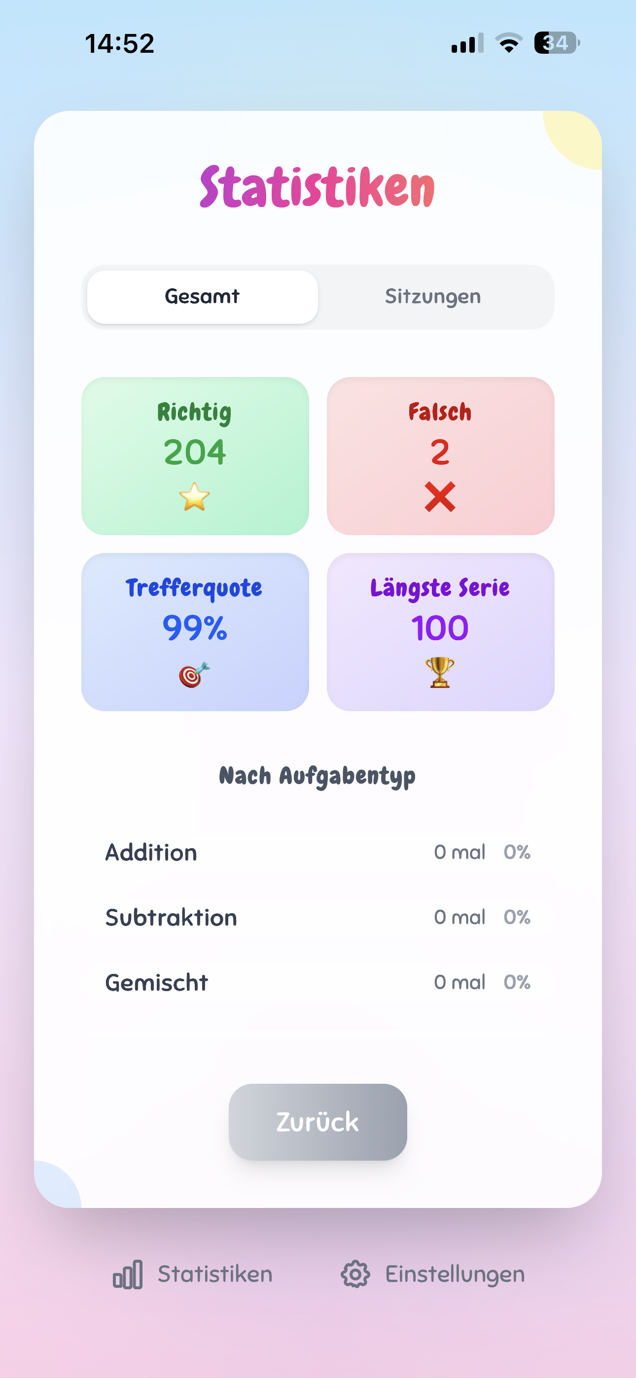 Statistiken (Gesamt): Richtig, Falsch, Trefferquote und längste Serie sowie eine Aufschlüsselung nach Aufgabentyp.