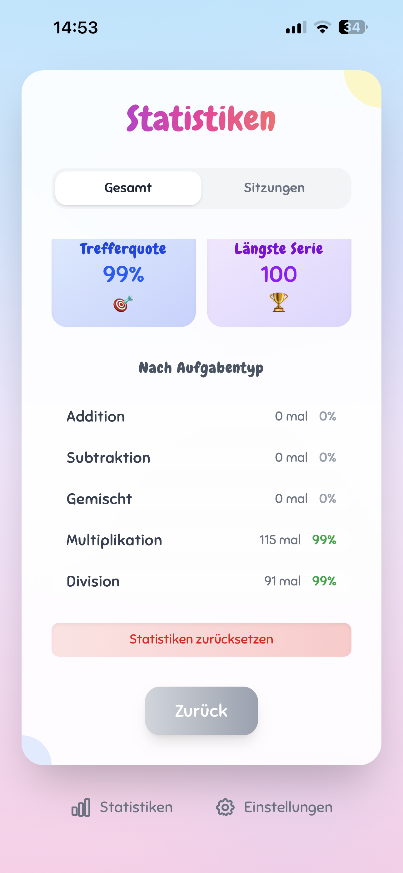 Statistiken: die Aufschlüsselung nach Aufgabentyp mit Anzahlen und Prozentwerten sowie die Option, die Statistiken zurückzusetzen.