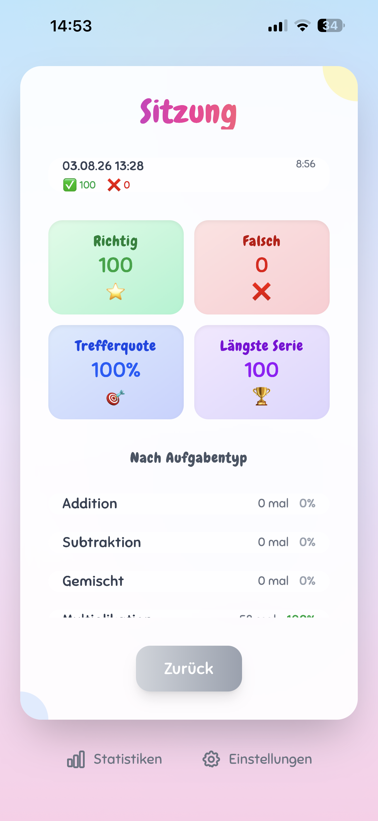 Einzelne Sitzung: die Trefferquote, die Anzahl richtiger und falscher Antworten und die längste Serie in der Sitzung.