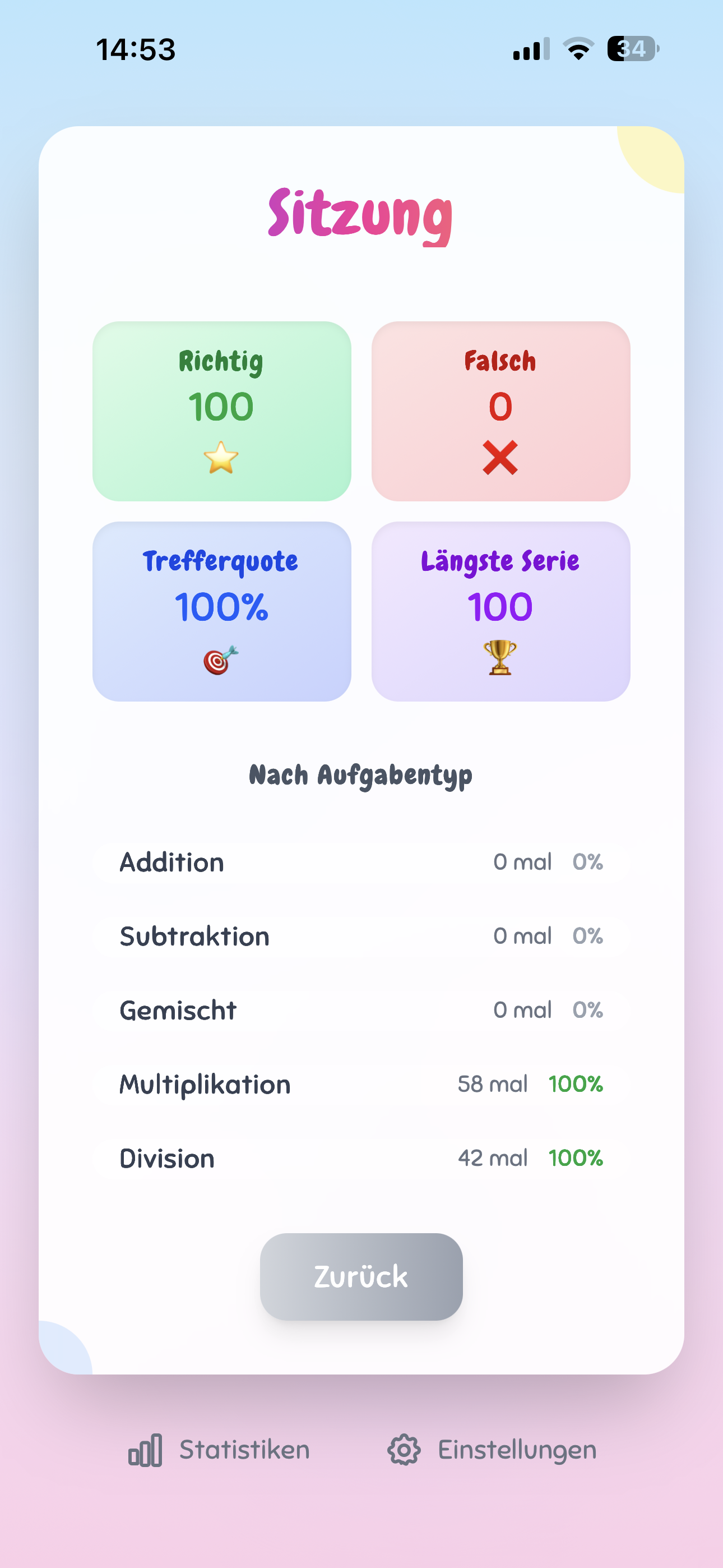 Weitere Details zur Sitzung: die Anzahl der Aufgaben pro Aufgabentyp und die Trefferquote.