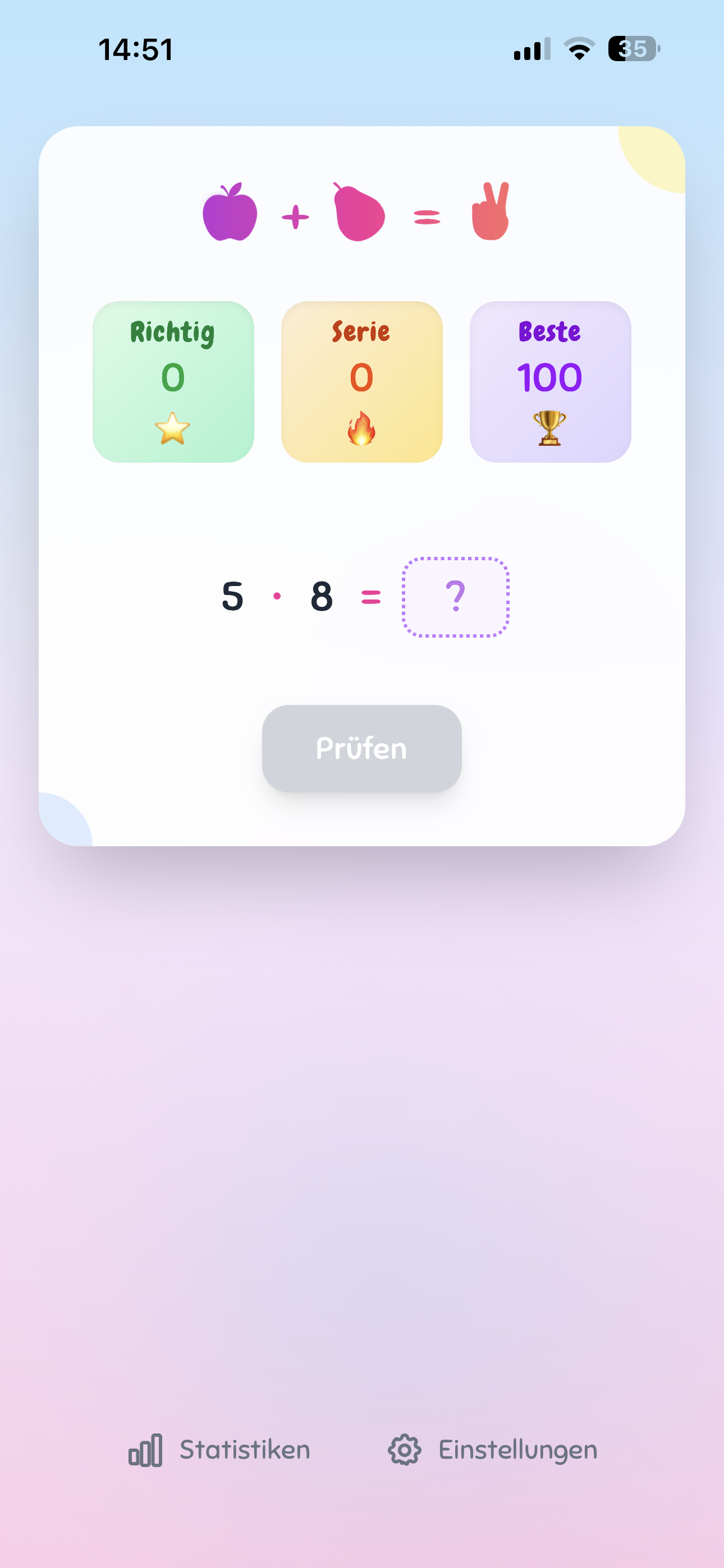 Mathe-Spiel: Spielfeld mit einer Multiplikationsaufgabe (5 · 8 = ?) und den Fortschrittskacheln Richtig, Serie und Beste.